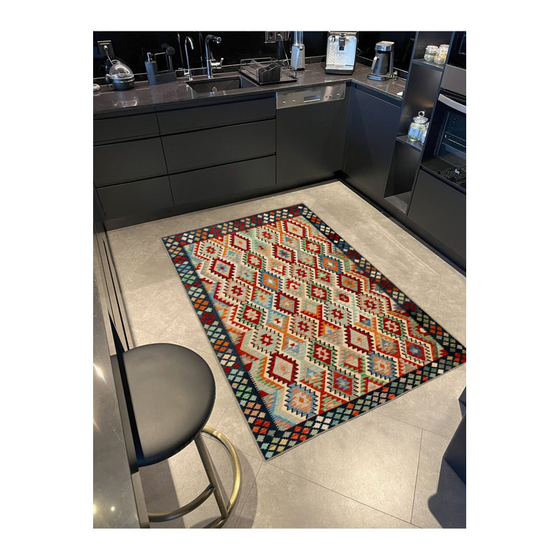 Tapis tissé à motif géométrique moderne encadré et lavable à la machine, Carré 4 pi 11 po