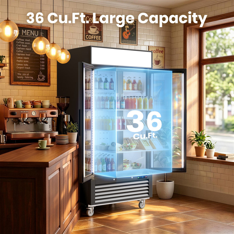 Réfrigérateur commercial Coolake de 40 po avec 2 portes vitrées, réfrigérateur commercial 36 pi³ avec éclairage à DEL, boîte à lumière personnalisable, réfrigérateur Merchandiser pour restaurant, café et école