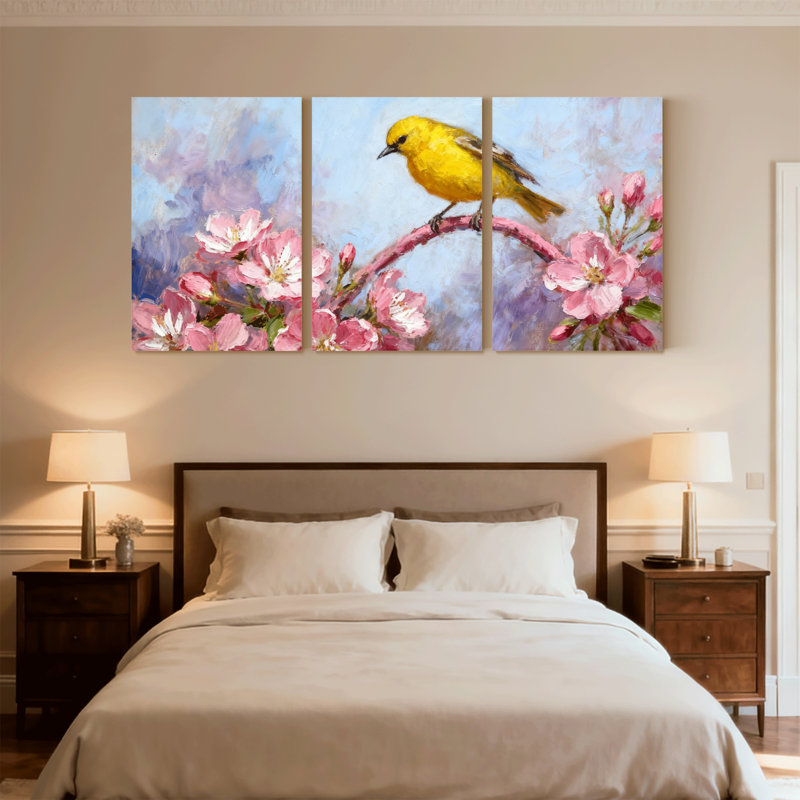 Oiseaux oiseaux jaunes sur une branche de fleurs roses, ensemble de 3 impressions sur toile, H 30 po x l 60 po