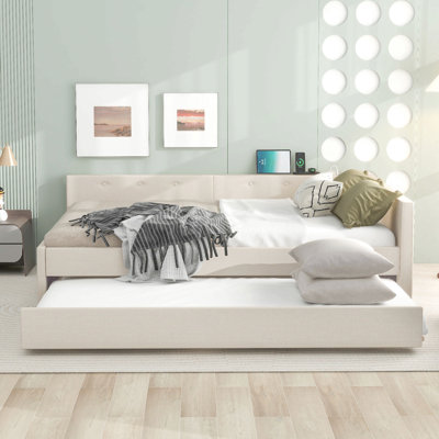 Lit plateforme tapissier avec port USB et lit gigogne simple, beige