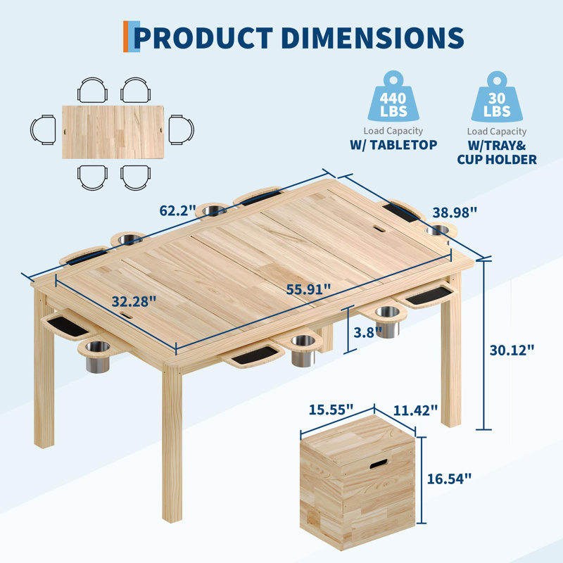 Table de jeu en bois massif avec plateau amovible, comprend un tapis de jeu, 6 porte-gobelets et plateaux de loisirs amovibles, une table de jeu et de salle à manger pour les réunions de famille