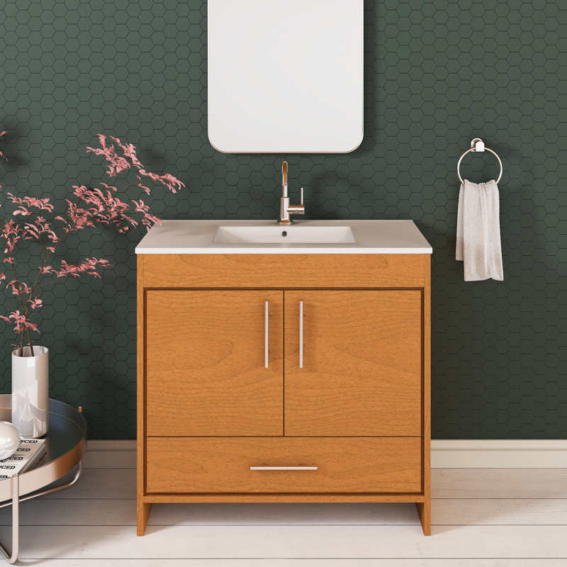 Sallisaw 36.13'' Single Bathroom Vanity with Ceramic Top, Honey Maple