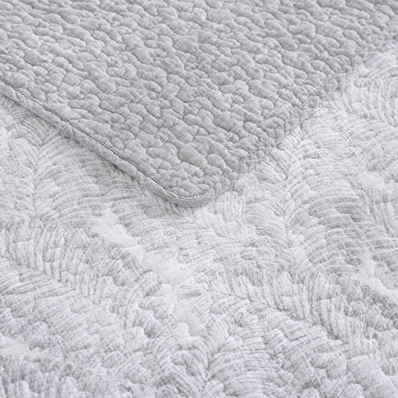 Reversible Gray Cotton Twin Quilt Set with Fern Design