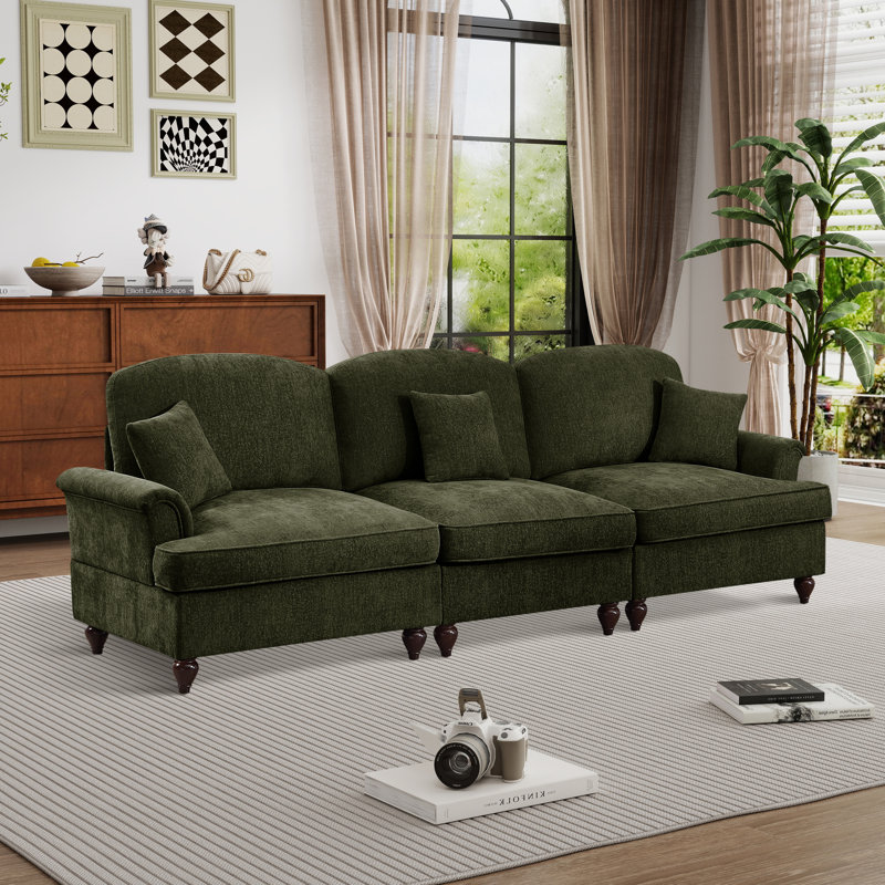 Mid Century 3 Seater Sofa Couch With Removable Ruffle Skirt, Green