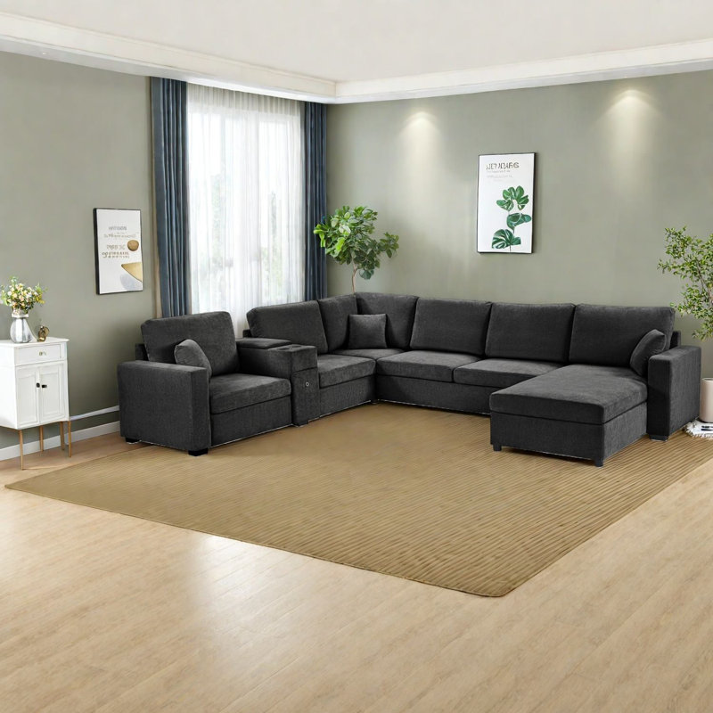 Grands canapés modulaires avec rangement, tissu chenille noir, confort familial moderne pour le salon