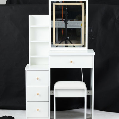 White Left Bedside Cabinet Vanity Table , With Touch Control Led Mirror, Adjustable Brightness & 3 Color Options, Cushioned Stool Included, Suitable For Small Rooms Size And - Mirror Switch Adjust ,