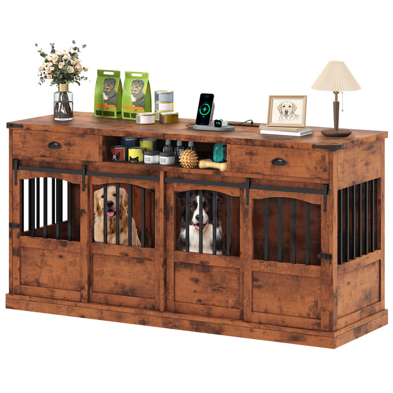 Meuble télé avec cage double pour chien de 183 cm (72 pouces) et rangement, style ferme, pour chien., Brun