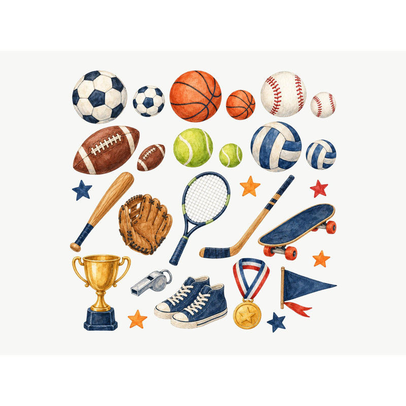 Sports Wall Decals, Set of 28 Peel and Stick Nursery Wall Stickers, Satin Finish Removable Kids Room Wall Art, 20"W x 20"H (50 x 50 cm)