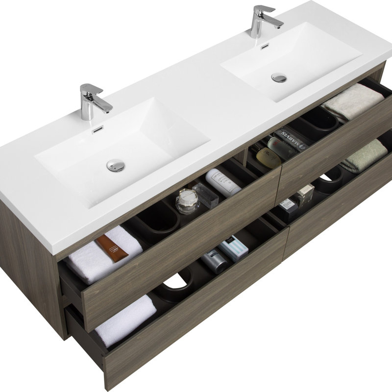 Meuble-lavabo de salle de bain avec 4 tiroirs à fermeture en douceur, Gris