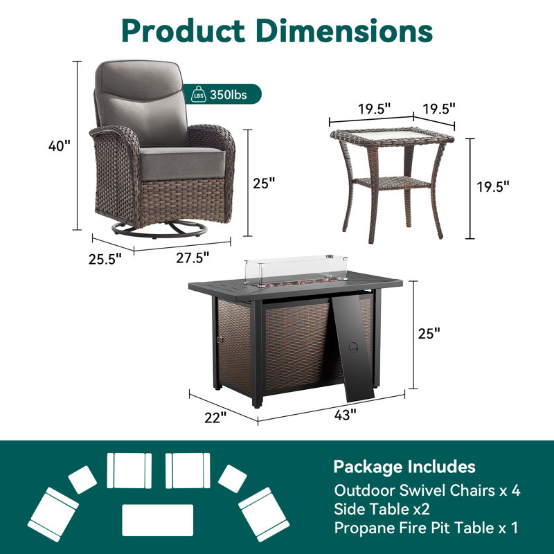 Himonia 4-Person Wicker Patio Rectangle Metal Fire Pit Table Conversation Set With Swivel Gliders And Side Tables, Gray