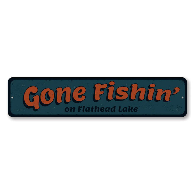 Plaque en métal «Gone Fishin», H 6 po x l 24 po x P 0,06 po