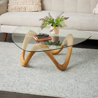 Light Brown Cement Stone Abstract Wavy Living Room Coffee Table with Wood Inspired Base and Triangular Glass Top, 42" x 42" x 15"