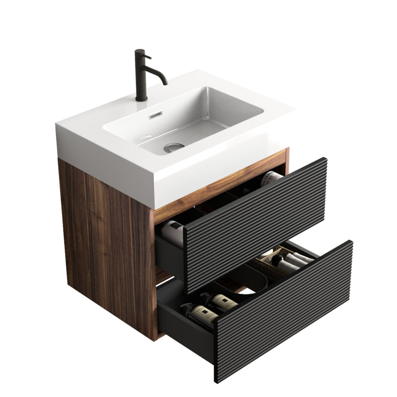 Meuble-lavabo de salle de bain, lavabo à quartz mural de 24 po, lavabo à quartz d'ingénierie, tiroirs doubles, conception de style Mid-Century, planches de classe E1, laque E0, poignée cachée pour les personnes âgées avec panneaux noirs, fermeture à 50000