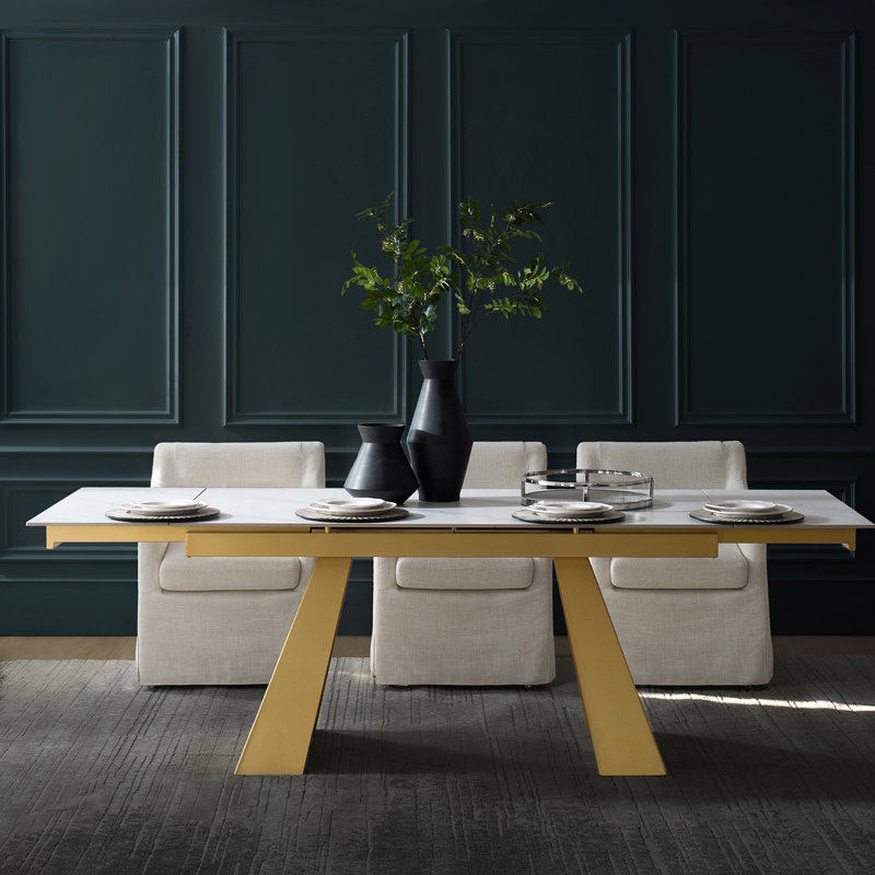 Bodkin Glam Modern 63"to 94"Extendable Rectangular Sintered Slate Dining Table for 6-10, White/Gold