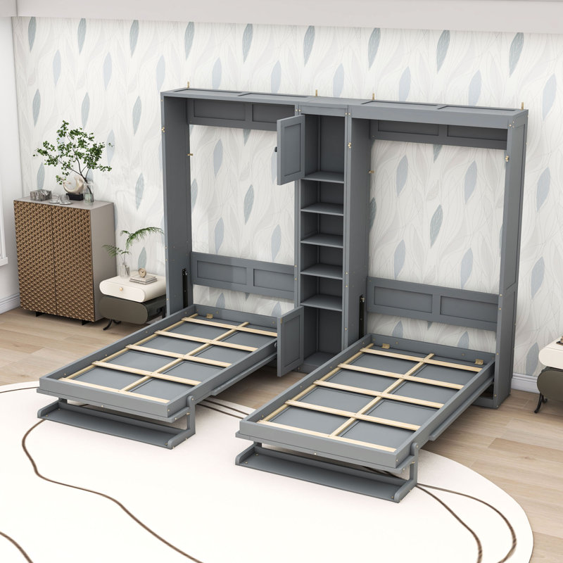 Deux lits simples escamotables avec armoires et tablettes, Gris