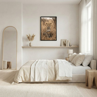 Leopard Mother And Cubs Resting In Dry Grass Canvas Wall Art