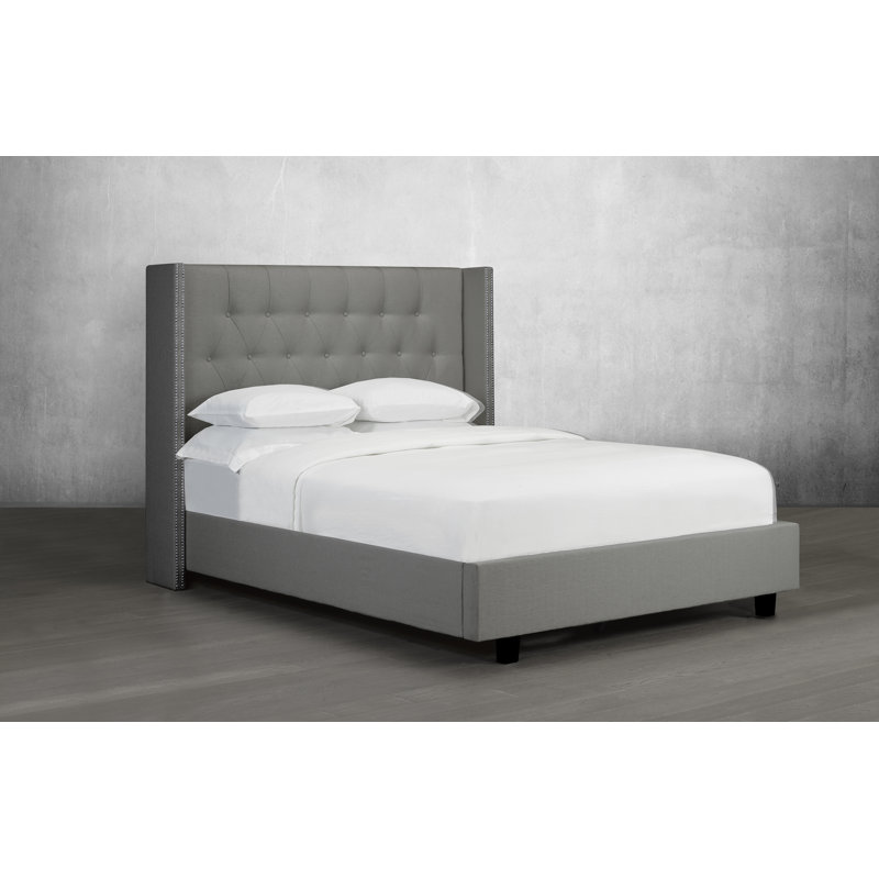 Lit plateforme capitonné Stoffel, Lin - Gris anthracite, Grand