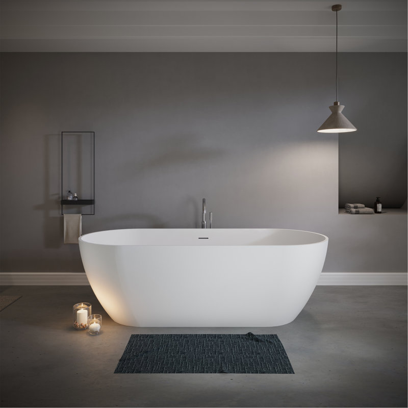 Baignoire autoportante de 69 po en résine de pierre, baignoire de luxe à surface solide avec trop-plein encastré et bonde escamotable, baignoire autoportante élégante autoportante en blanc mat