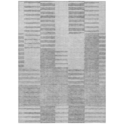 5' X 8' Silver Gray And Ivory Striped Washable Indoor Outdoor Area Rug