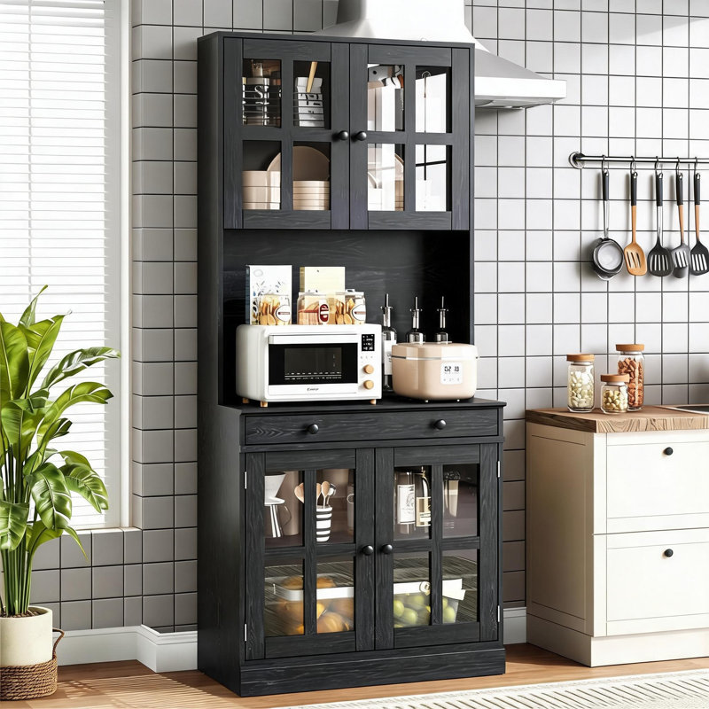 Armoire de cuisine 72 pouces avec portes en verre, tiroir et tablettes réglables, armoire de rangement haute de style campagnard avec comptoir ouvert, armoire à café pour coin café, noir