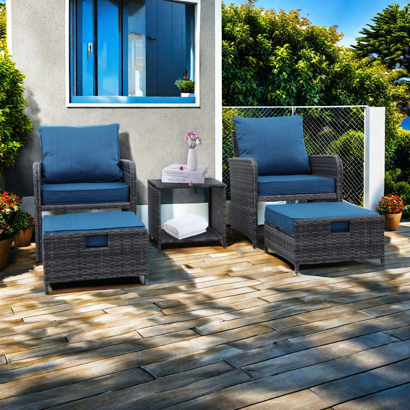 Ensemble de meubles de patio 5 pièces en osier avec repose-pieds pour conversation, Bleu