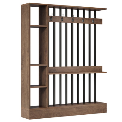 Wood Freestanding Wall Room Divider Bookcase with Shelves & Coat Hooks, 71" Modern Wall Partition for Home & Office Decorative, Brown, 59.06" W x 11.81" D x 70.87" H