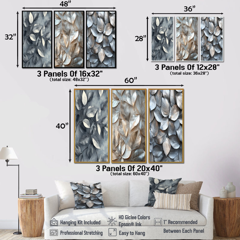 Cuivre, argent, étain, feuilles I - Collection de décorations murales feuilles, H 40 po x l 60 po, Argent argent