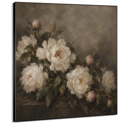 Impression sur tissu grand format - Bouquet de pivoines blanches vintage sur fond foncé pour salon ou chambre - « Assemblage du cadre requis (cadre non fini) »