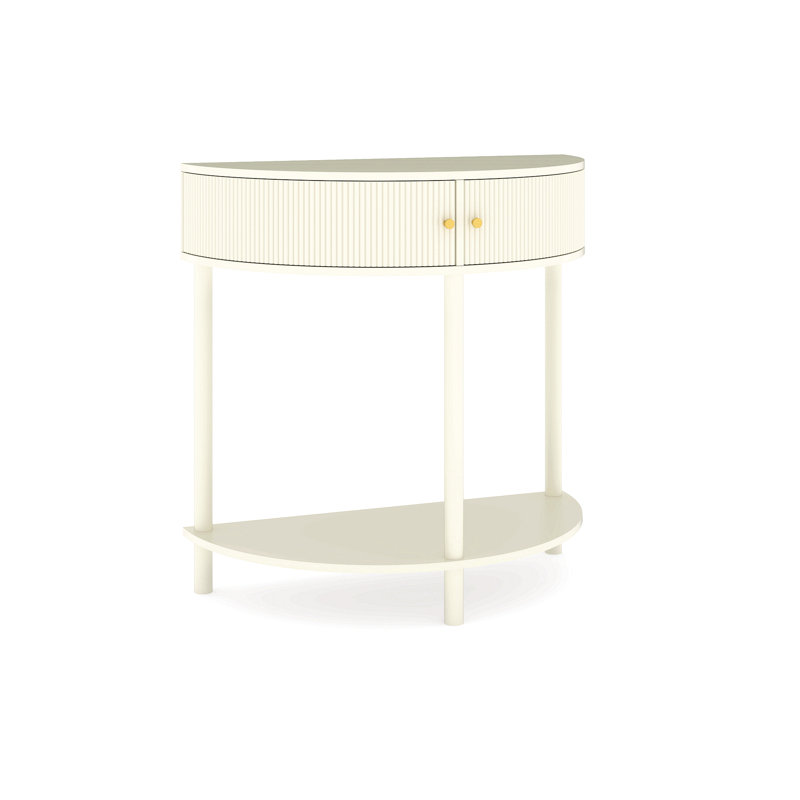 Artisan-Crafted Wave-Pattern Demi-Lune Console Table With Creamy White Finish,Unique Half Moon Design End Table With 2 Storage Drawers And Bottom Shelf