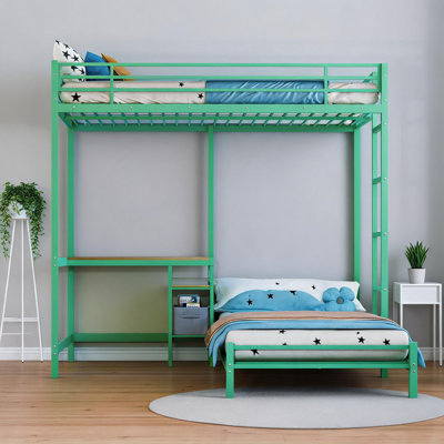 Lit superposé simple en forme de L avec poste de travail, lit superposé vert sauge avec échelle et rangement pour les adolescents