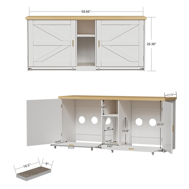 Hidden Cat Litter Box Enclosure & TV Stand for 2 Cats
