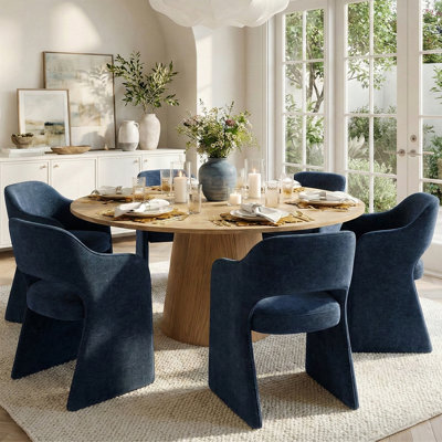 6 - Person Dining Table Sets With Round Table & 6 Upholstered Chenille Chairs