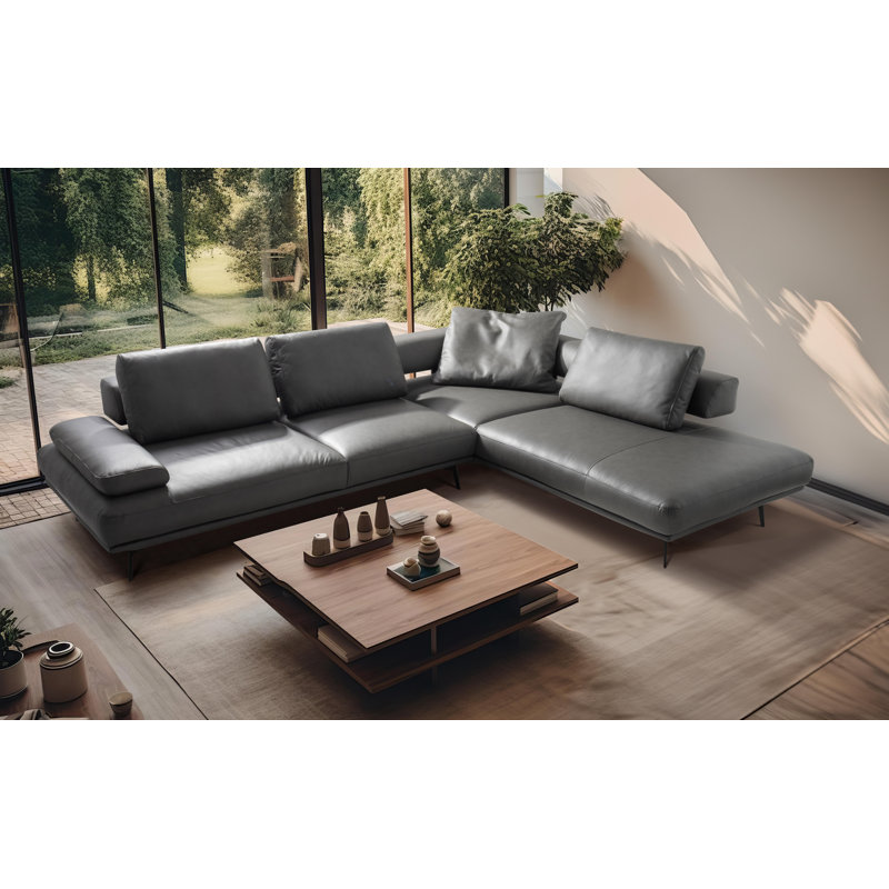 Trumansburg Power Reclining Corner Sofa in Genuine Leather, Right Hand Facing, Dark Grey