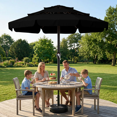 12FT All-Steel 3-Tier Fringed Patio Umbrella with Crank Handle, UPF 50+ UV Protection, 11 Ribs, Water Repellent Outdoor Umbrella for Deck, Backyard & Poolside, Black