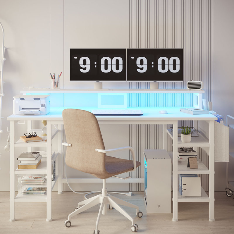 Iron Computer Desk with Built-In Electrical Outlet, White