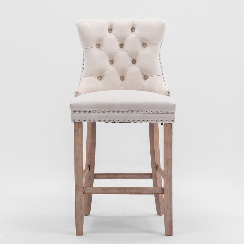 Tabourets contemporains rembourrés en velours avec boutons capitonnés, Beige/Natural