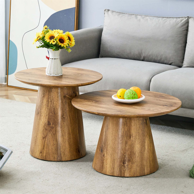 Ensemble de tables basses de style médiéval-moderne, placage de grain de bois, conception ronde classique pour les salons et les bureaux simples
