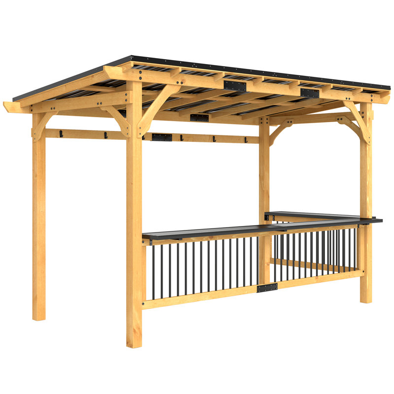 13' x 6' Wooden BBQ Grill Gazebo, Hardtop Grill Gazebo with Metal Roof, 2 Bar Shelves and 6 Hooks, Outdoor BBQ Gazebo for Patio, Garden, Backyard, Natural
