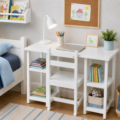 Ensemble bureau et chaise en bois Teamson pour enfants, avec 4 étagères de rangement ouvertes, un grand plateau et une chaise anti-basculement idéale pour lire, écrire et dessiner. À partir de 3 ans.
