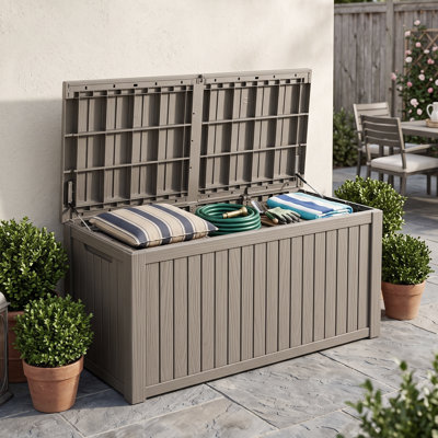 210 Gallon Weatherproof Outdoor Deck Storage Box with Lockable Lid & Resin Construction, Grey
