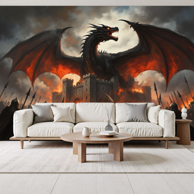 Peel and Stick Wallpaper Fire Breathing Dragon Attacking Medieval Castle Soldiers Wall Murals 69"H x 96"W Removable PVC Wall Paper Self-Adhesive Wall Paintings Art Decor for Bedroom Living Room
