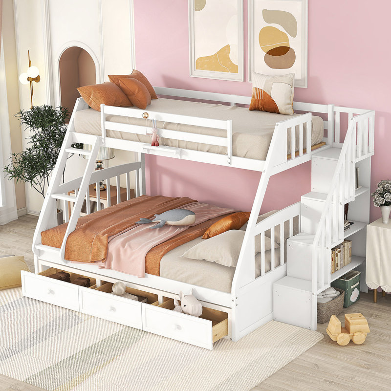 Lit superposé avec tiroirs, échelle et escalier de rangement, Blanc