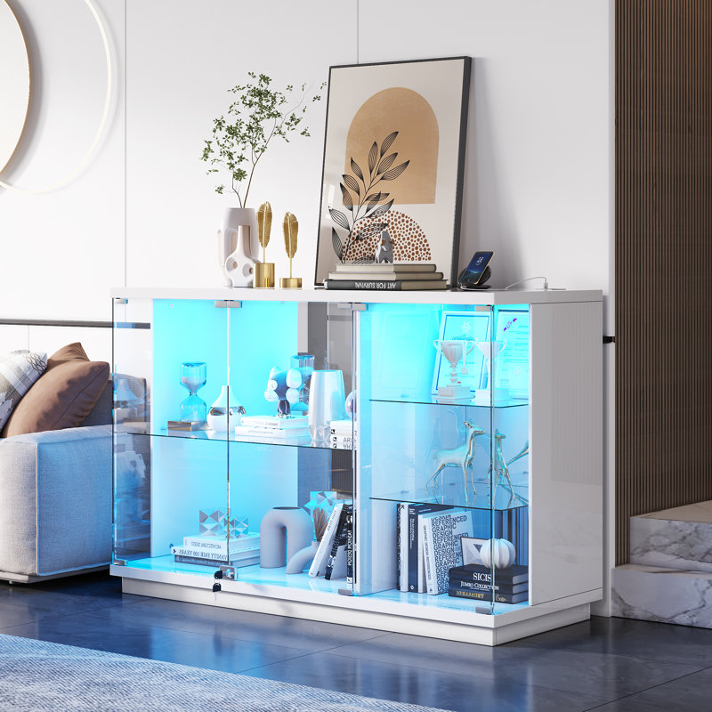 47.24'' Sideboard, Modern Buffet with Clear Glass Doors, Display Case with LED Lights, USB Port, Type-C Port and Motion Sensor
