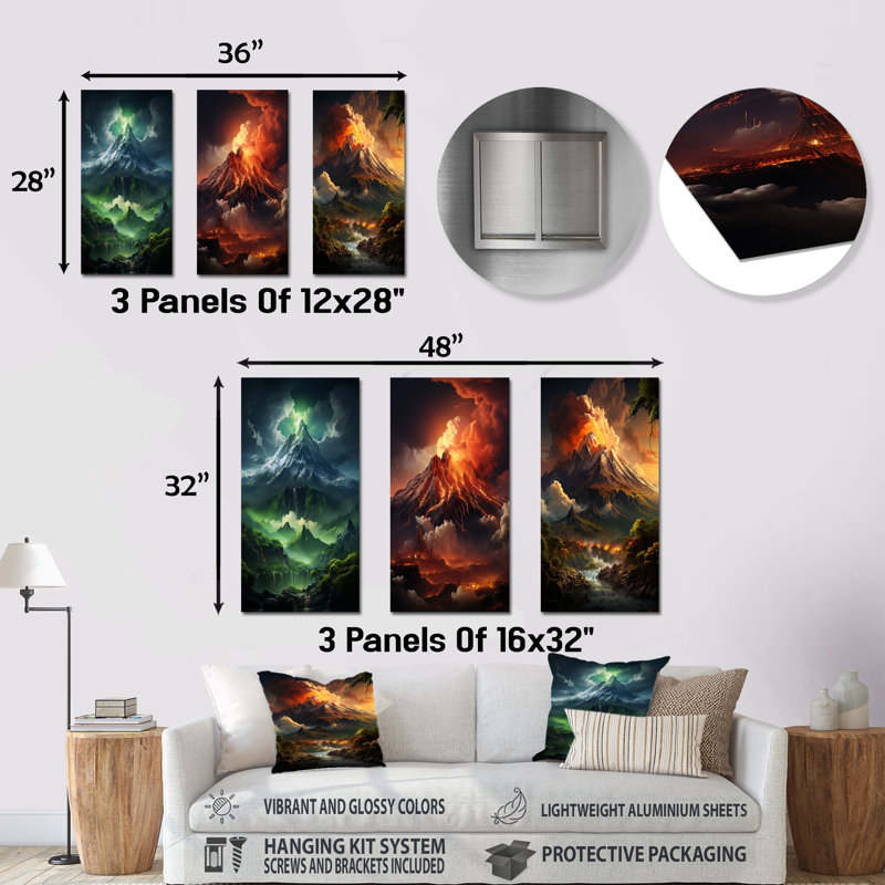 Volcano Volcanic Awakening - Volcano Metal Prints Set Of 3, 32" H x 48" W
