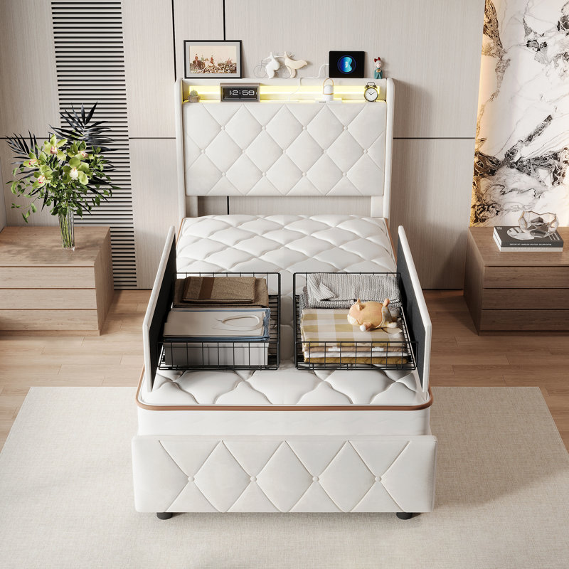 Upholstered Storage Bed, European Single (90 x 200 cm), Beige
