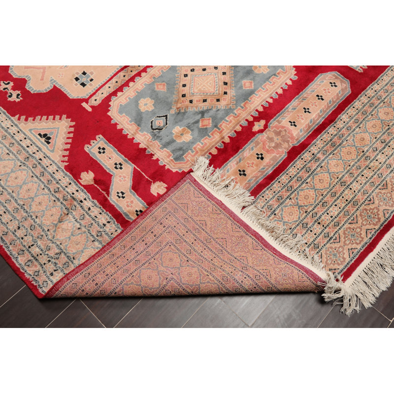 Tapis en laine noué la à la main rouge/crème/bleu 6 pi x 9 pi one-of-kind Ahumada