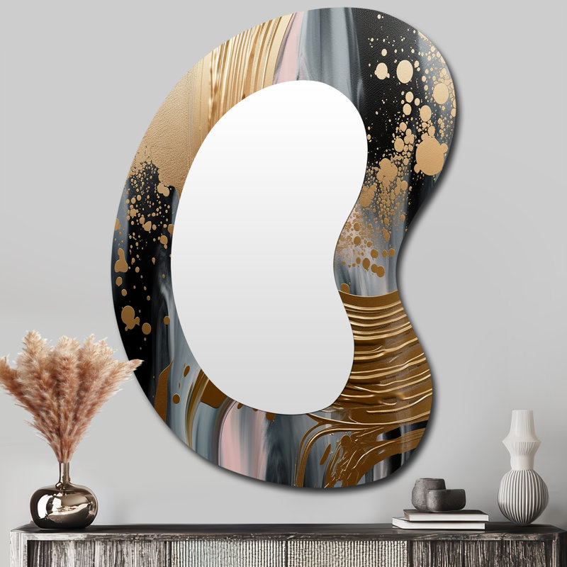 Fobbe Abstract Golden and pink infinity circles V - Abstract Shapes Asymmetrical Decorative Wall Mirror, Modern Irregular Shape Mirror, Printed Metal Art
