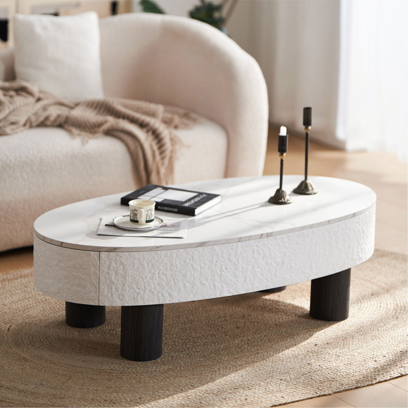 Table basse ovale avec plateau en faux marbre, table basse moderne Mid-Century avec tiroir caché et espace de rangement, table basse pour salon, chambre à coucher, bureau