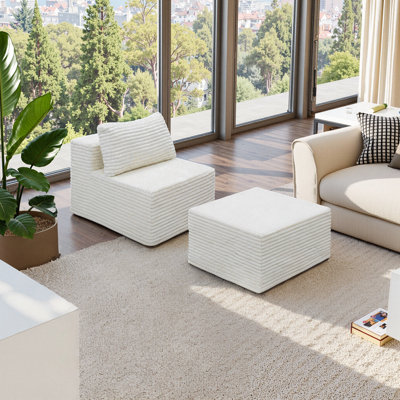 Fauteuil d'appoint sans accoudoirs avec repose-pieds 27 po, velours côtelé blanc