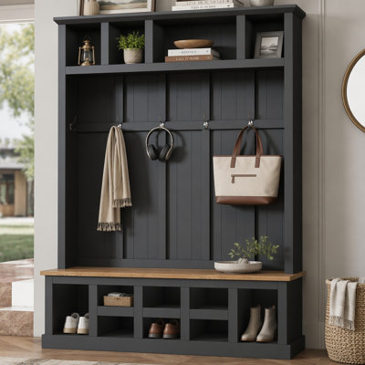 Arbre d'entrée de style ferme en bois avec banc de rangement large, armoire à chaussures d'entrée avec 13 compartiments, portemanteau élégant avec 6 crochets pour le vestibule, salon